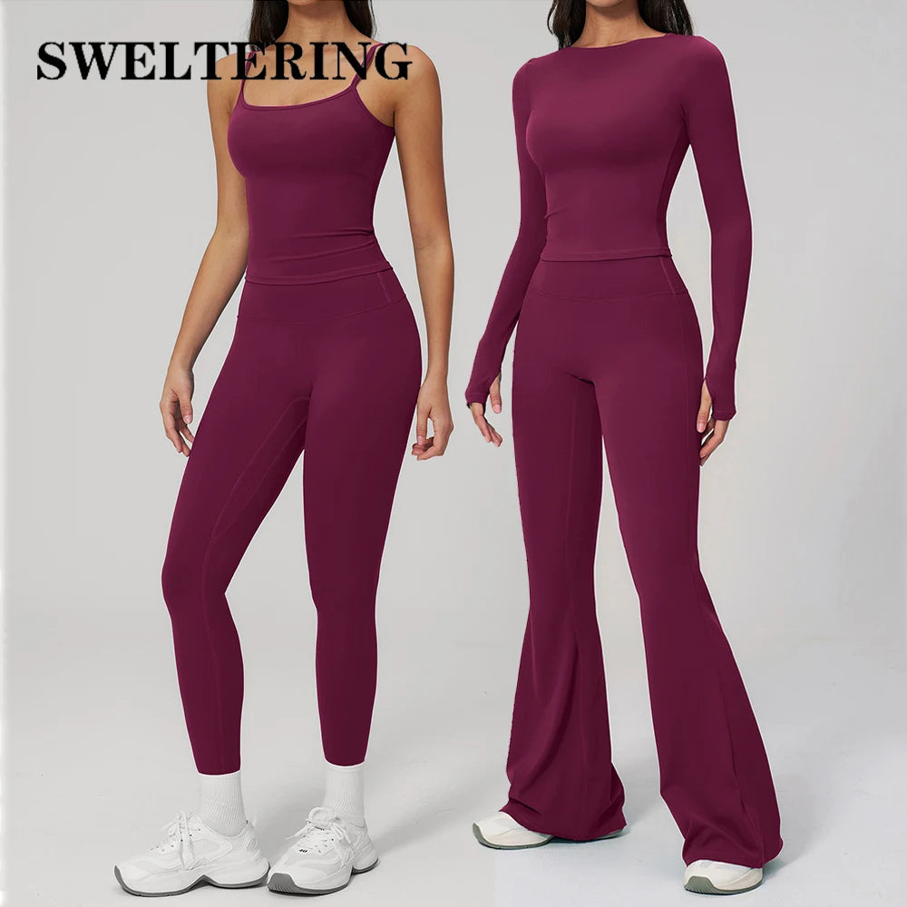 2PCS Women Tracksuits Yoga Suit Sport Outfits Gym Clothes Breathable Long Sleeve Flared Pants Athletic Wear Female Yoga Clothing