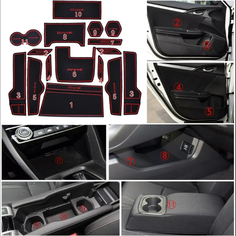 16pcs/set Door Groove Mat for Honda Civic 2016 2017 2018 2019 2020 2021 Non-slip Door Slot Cup Mat Pad Cushion Left hand drive