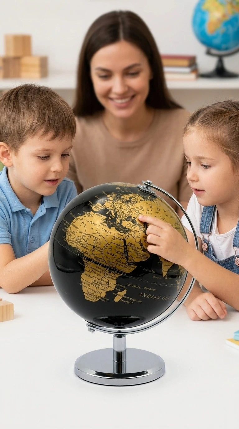 Small Black & Gold / Black & Silver Globe — An Educational World Globe Designed for Learning; An Ideal Desktop Accent for Home a