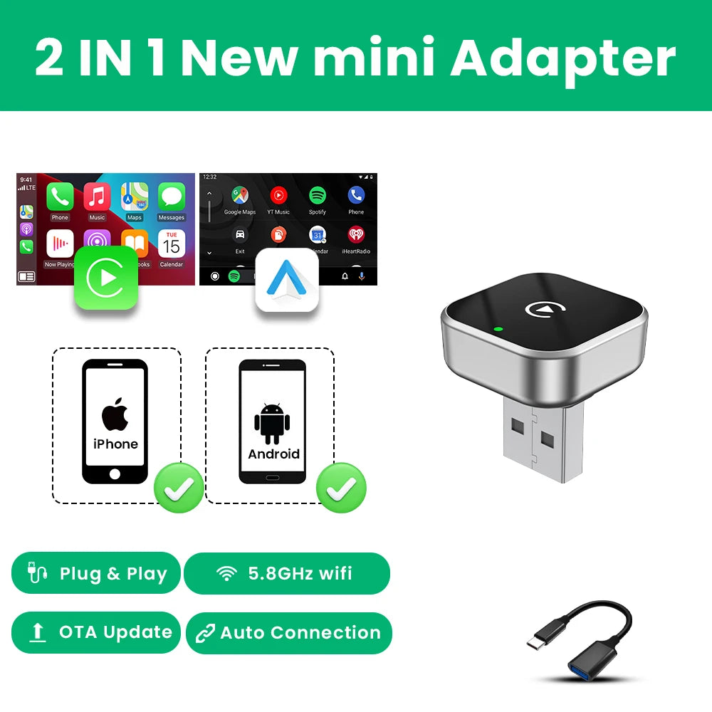 2026 Super Mini Carplay AI Box Wired to Wireless CarPlay/Android Auto 2in1 Box 5GHz WiFi for 98% Original Wired CarPlay/Auto Car