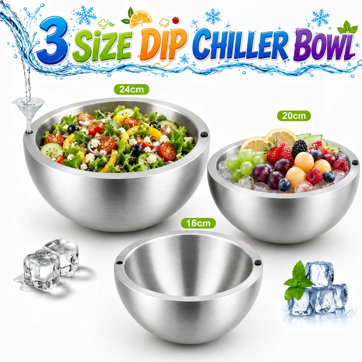 Stainless Steel Double Wall Insulated Serving Bowl for Ice Chilling, 16/20/24cm