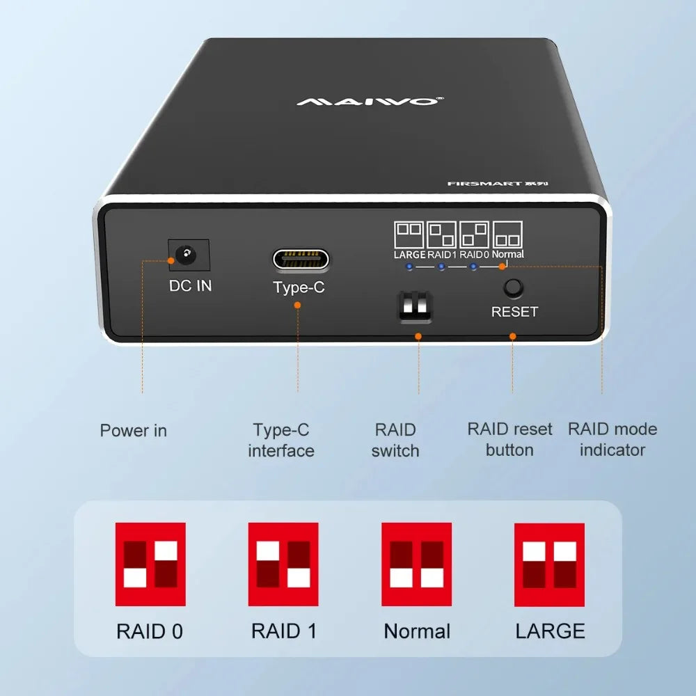MAIWO Mobile Hard Disk Box RAID Disk Array Dual Bay 2.5'' Solid-state Mechanical Serial Port External Box with Protective Cover