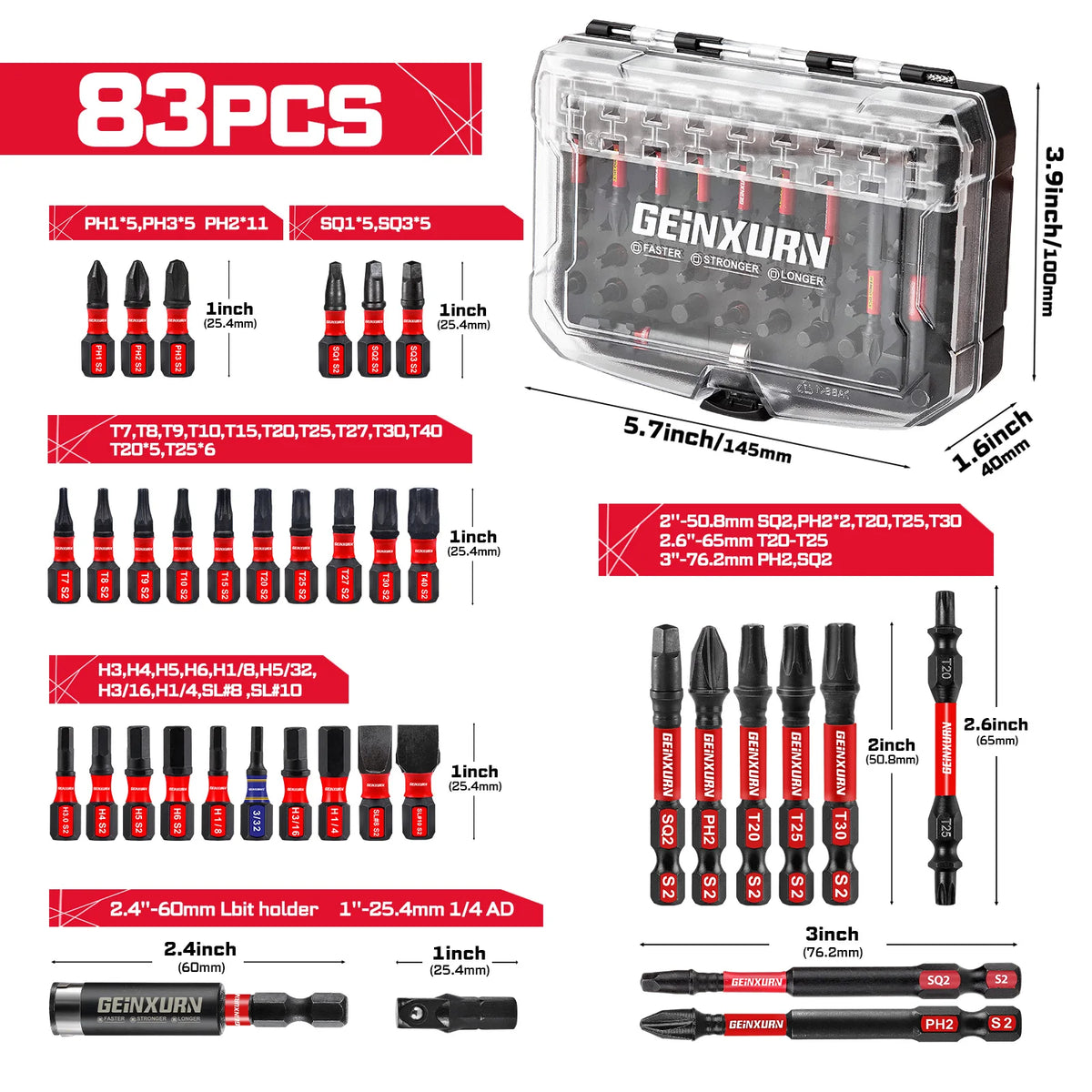 Geinxurn 83PCS Impact Magnetic Driver Bit Set, S2 Steel Bits (PH/Slotted/Torx/Hex/SQ), Socket Adapter & Black Storage Case