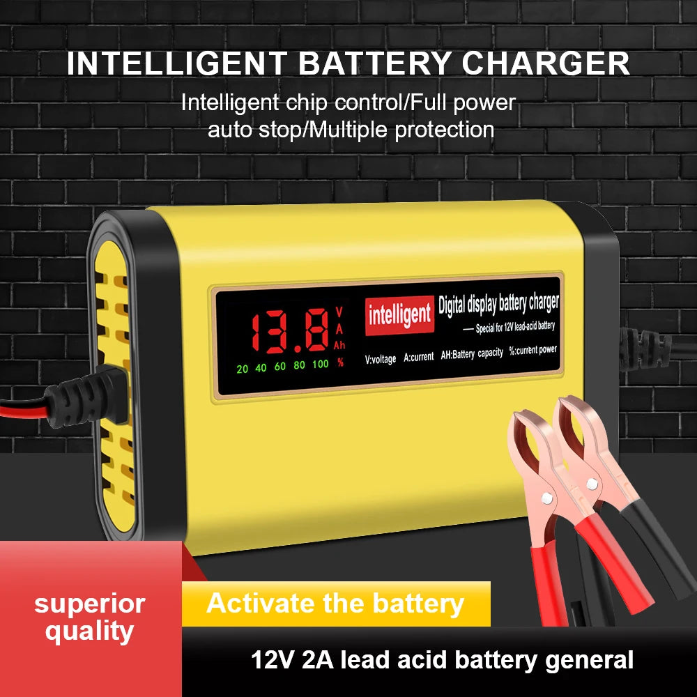 2A 12V Automotive Battery Chargers 3 Stages Intelligent Pulse Repair Car Battery Maintance Storage Cell Charging Device Digital