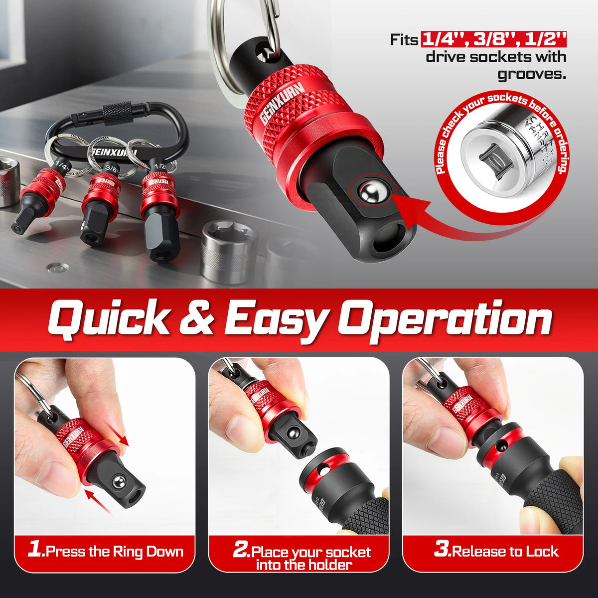 Geinxurn Socket Holder Keychain Set.1/4", 3/8", and 1/2" Drive Quick Release with Adapters, Ideal for Electricians, Construction