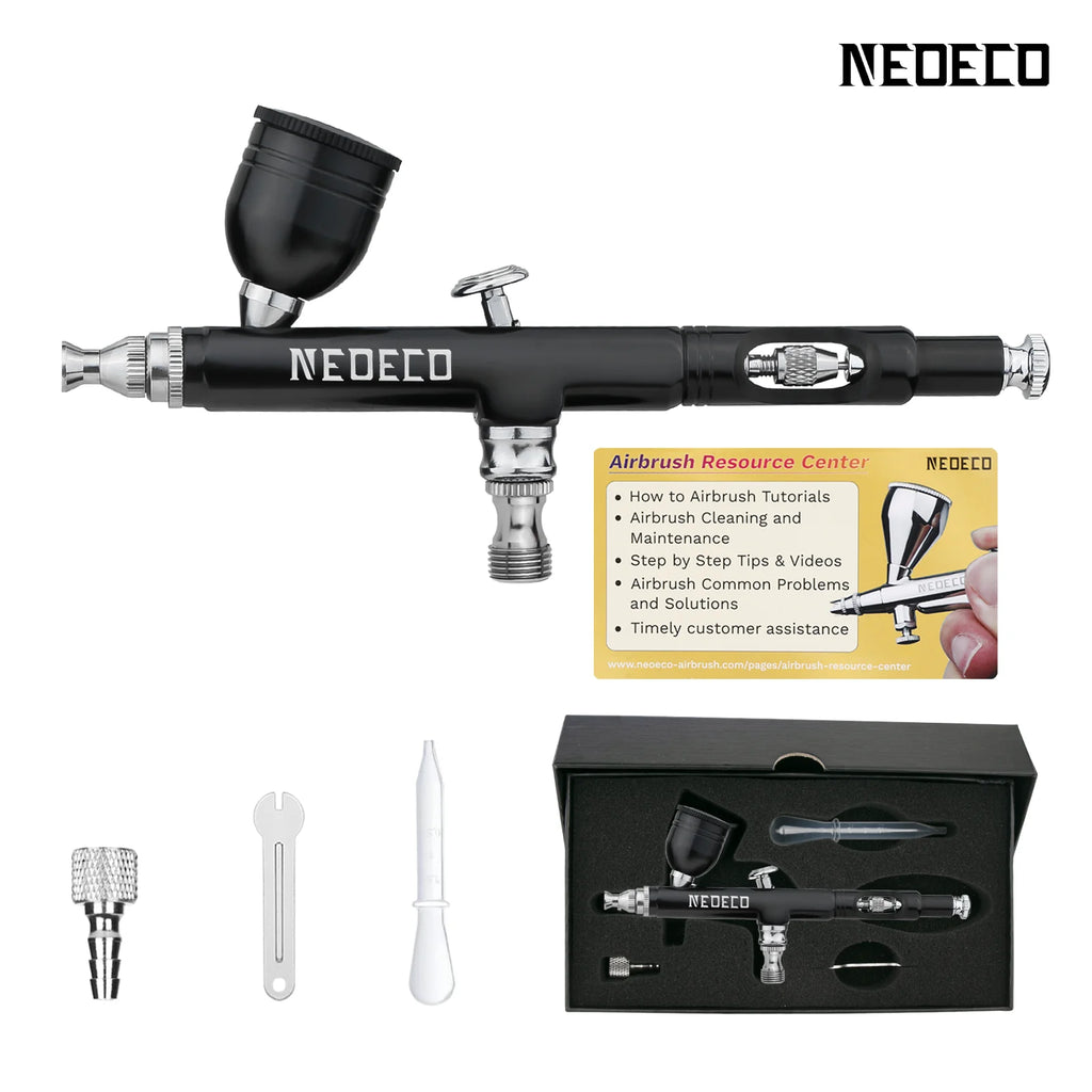Neoeco Dual-Action Gravity Feed Airbrush Gun Kit, 3 Nozzle Sets, Aluminum