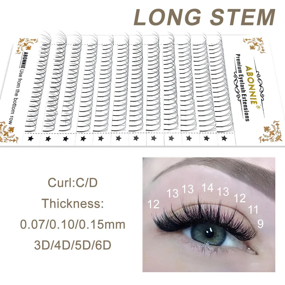 Abonnie 10 Cases Russian Volume Eyelash Extensions Eyelash Bouquets Volume Long Stem Soft Matte Black Premade Extension