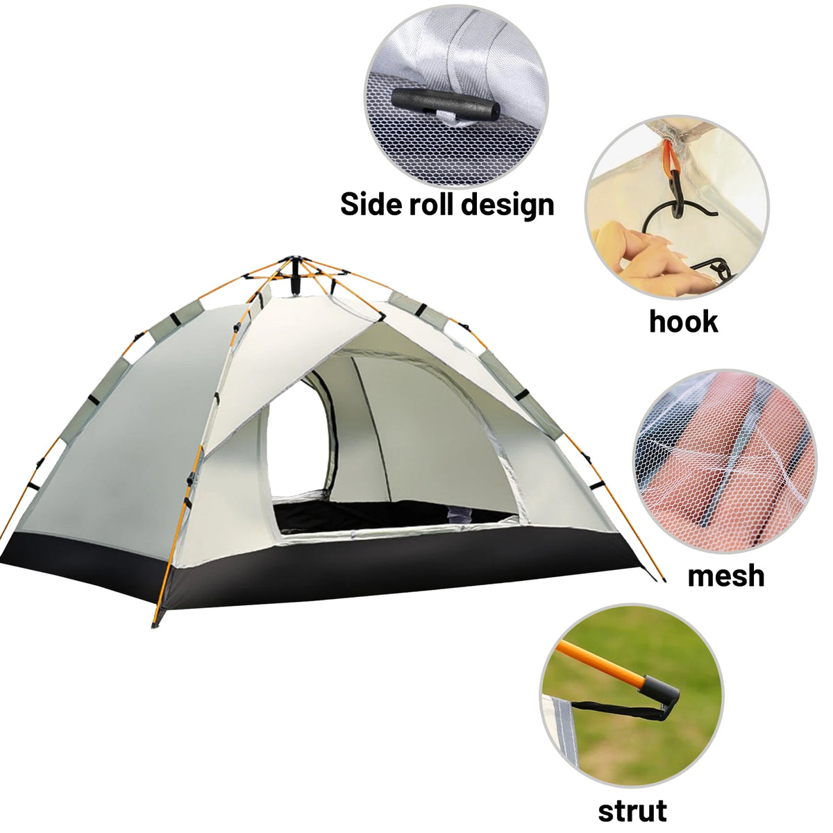 Pop-up camping tent silver small 3-4 person 2-door, optional 2 windows, 60-second setup