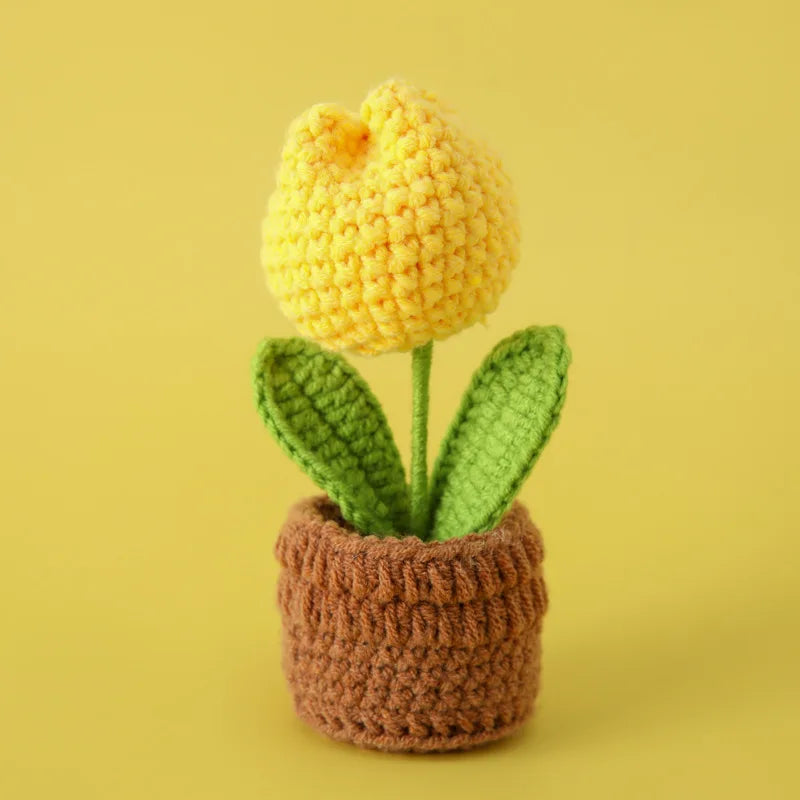 Mini Tulips Crochet Flowers Potted Cute Knitting Flowers Table Car Decor Handmade Artificial Tulips Flores Tejidas