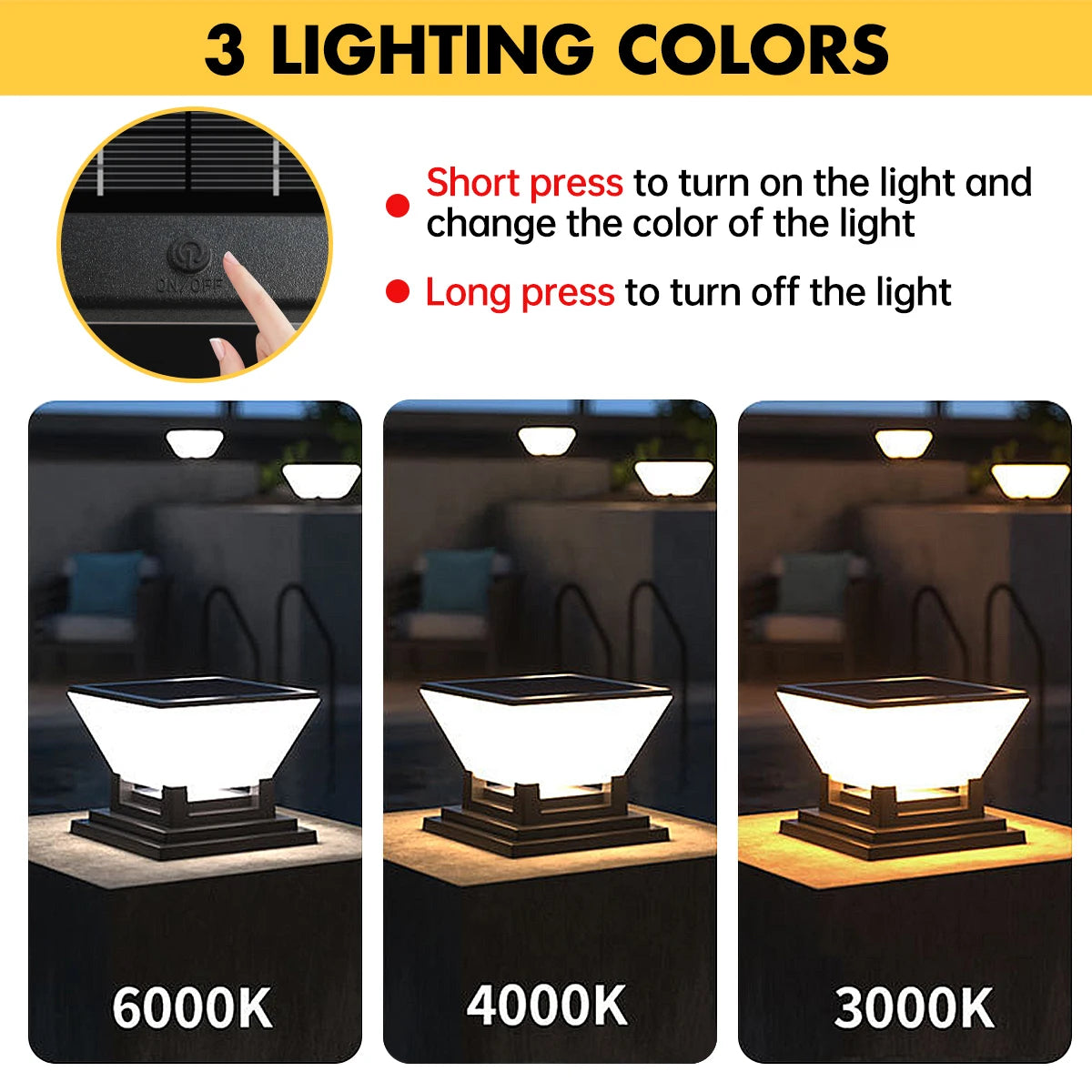 Solar Post Light Auto Dusk to Dawn IP65 Waterproof 3 Color Temps Short Press Change Long Press Off for Garden Pool Step Pillar
