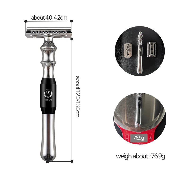 Titan Safety Razor for Men, Metal Handle, Replaceable Blade, Black/Blue/Silver