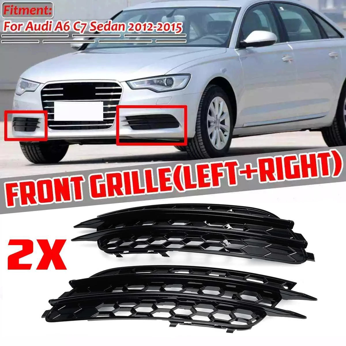 1Pair Front Bumper Fog Light Grille For Audi A6 C7 Sedan 2012 2013 2014 2015 Fog Lamp Honeycomb Mesh Grilles Glossy Black Cover