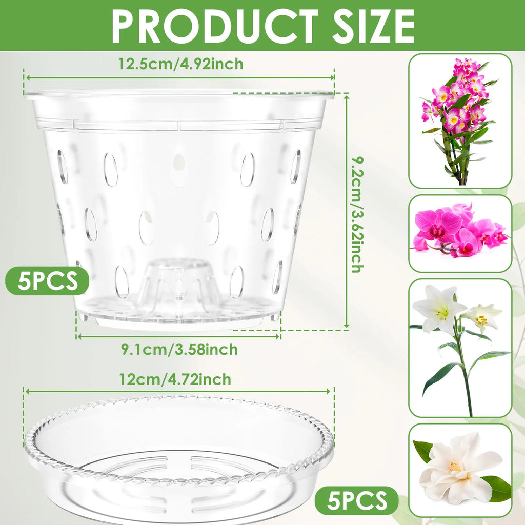 5Pcs Plastic Orchid Pot 4/5/6inch Transparent Slotted Orchid Pots with Holes and Saucers Breathable Flower Plant Pot for Nursery