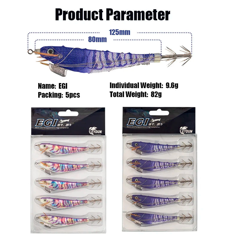 LEYDUN Luminous Squid Jig Wood Shrimp Egi Purple Deep Sea Cuttlefish Hanchi Egi 5pcs/set Fishing Lures Saltwater Baits