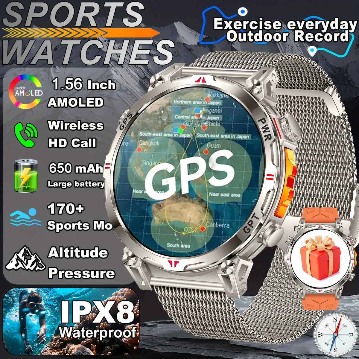 2026 New Outdoor GPS Sports Smartwatches Men Compass 5ATM Waterproof 24/7 Health Monitoring Chat GPT Bluetooth Call Smart Watch