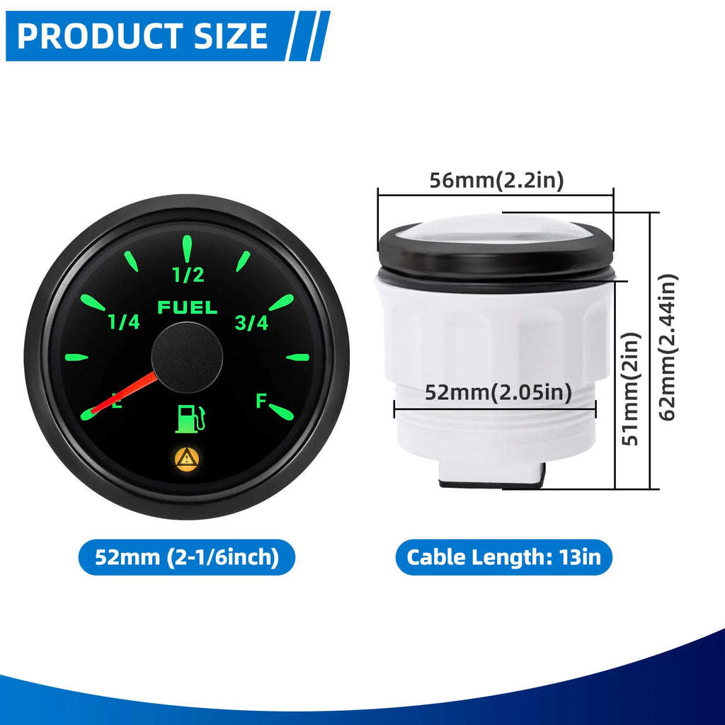 2"52mm Fuel Level Gauge with Flashing Alarm 0-190ohm 240-33ohm 10-180ohm 0-90ohm Oil Tank Meter 7 Color Backlight for Car Boat