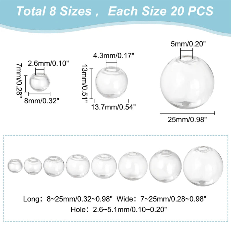 180pcs Mini Glass Globe 6 Size Glass Ball Bottles Orbs Ball Wish Glass Ball Glass Spheres UV Planet Crystal Craft Ball for UV