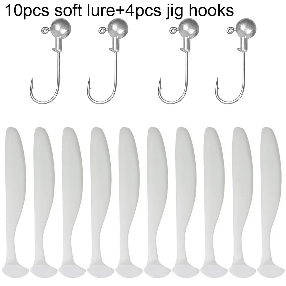 14PCS Gear Kit 10PCS Soft Lure 5.5cm 7cm 10cm T Tail Worm 4PCS Jigging Head Hook 3g 5g 10g Metal Jig Fishing Pesca Swimbait Bait