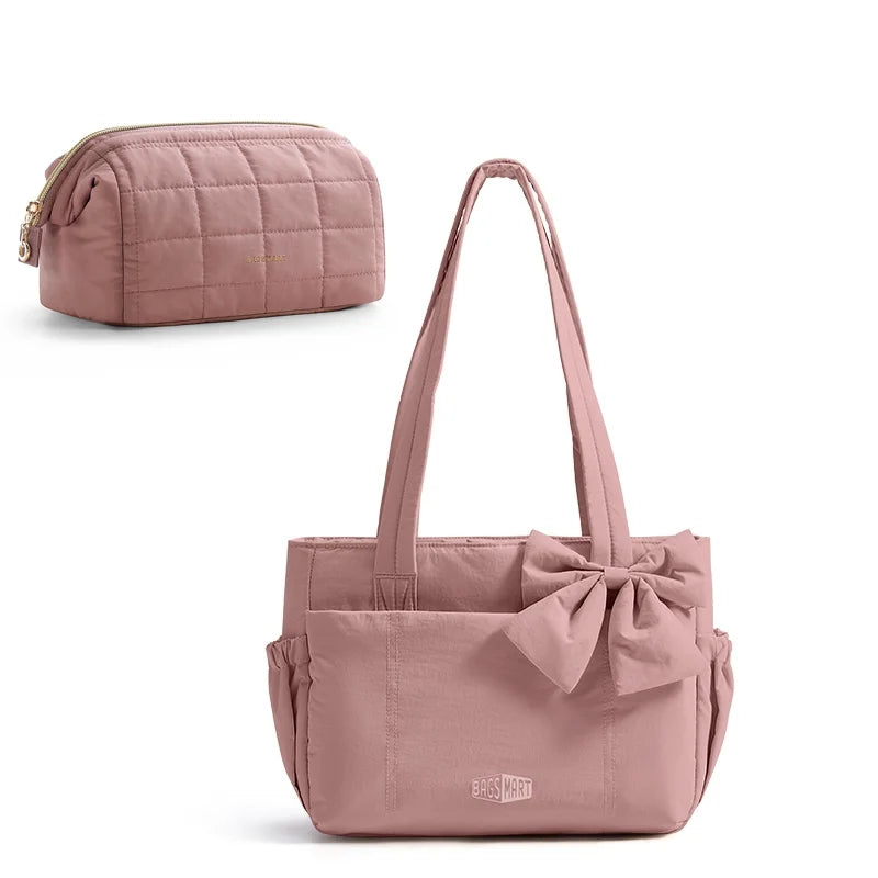 BAGSMART Women Tote Bag Quilted Padded Handbag Versatile Commuting Messenger Shoulder Bag Multiple Pocket College Hobo Bag