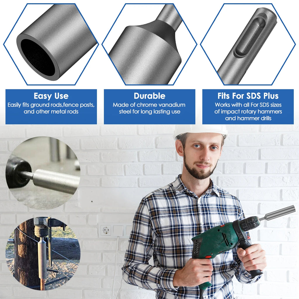 SDS Plus Ground Rod Driver for Rotary Hammer Drill Tools 19/21/25/35mm Hardened Steel  Earth Stake Hammer Drill Grounding Rod