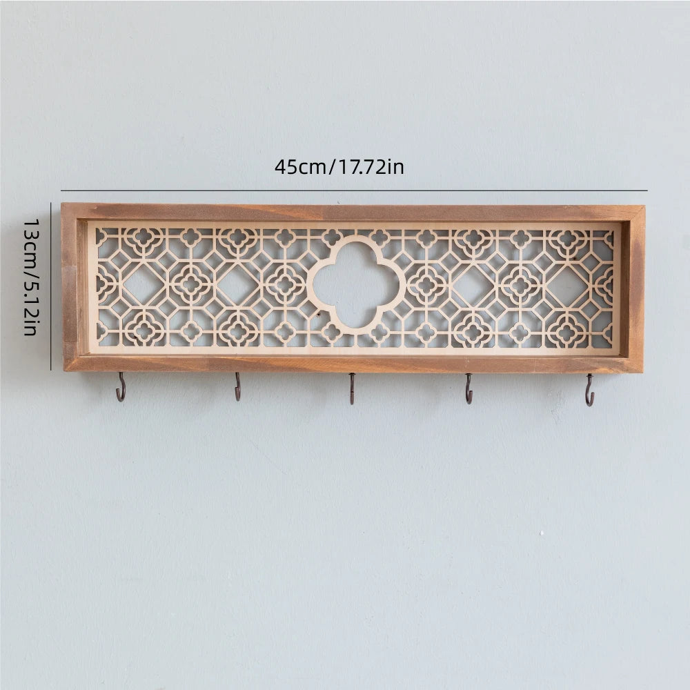 Wooden wall key hook rack with shelf, decorative storage organizer, assorted styles