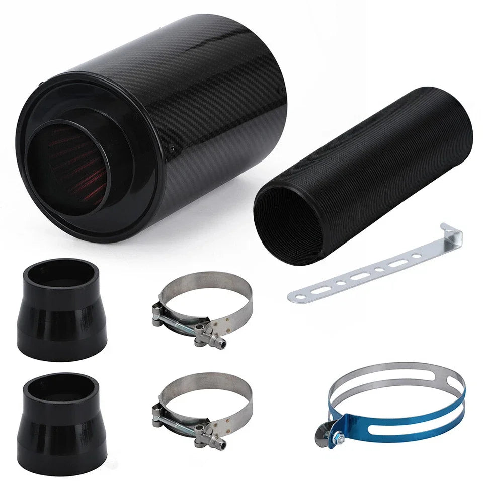 Universal Carbon Fiber Cold Air Intake Kit Enclosed Filter Box Induction Pipe Hose, Black