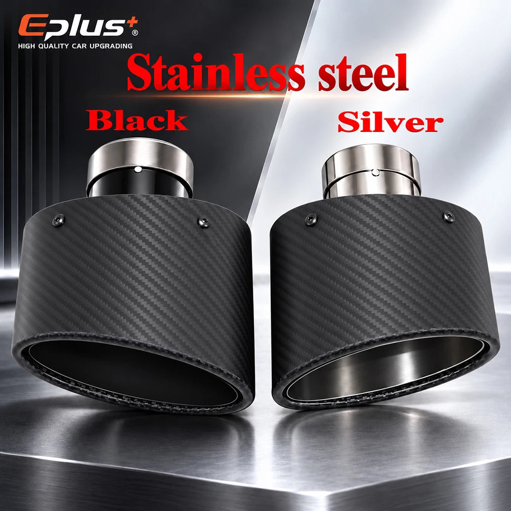 Universal Car Matte Carbon Fiber Muffler Tip Exhaust Pipe Nozzle Decoration Stainless Silver&Black Tilting Left Right Oval