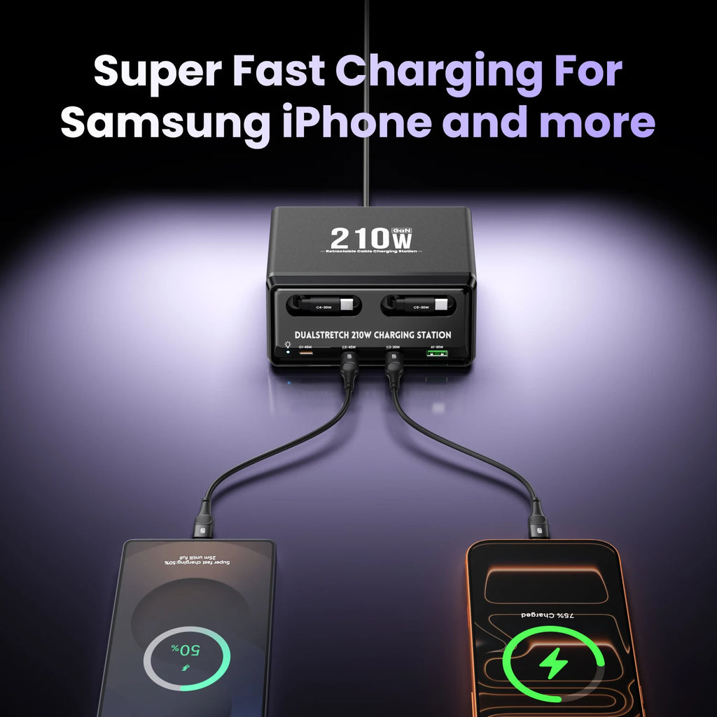 6 in 1 GaN USB C Fast Charging Station Retractable Type C Cable Power Combo Tower Fast Charger For iPhone 17 iPad Samsung Tablet