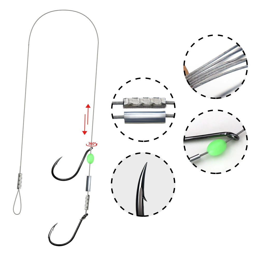 ZYZHE 1pc Fishing Stinger Rigs with 49 Strands Steel Wire Double Hooks For Freshwater Saltwater Fishing Live Bait Rigs