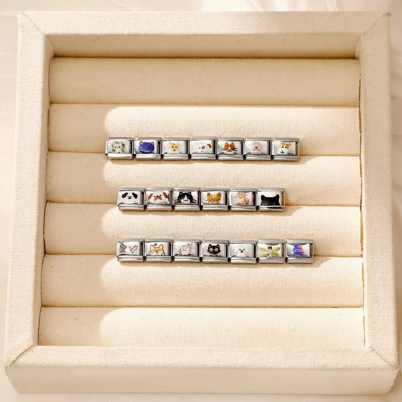 2025 Original Cute Cartoon Colorful Pet Dog Black Cats Italian Charm Links Fit 9mm Stainless Steel Bracelet Men Women DIY Making