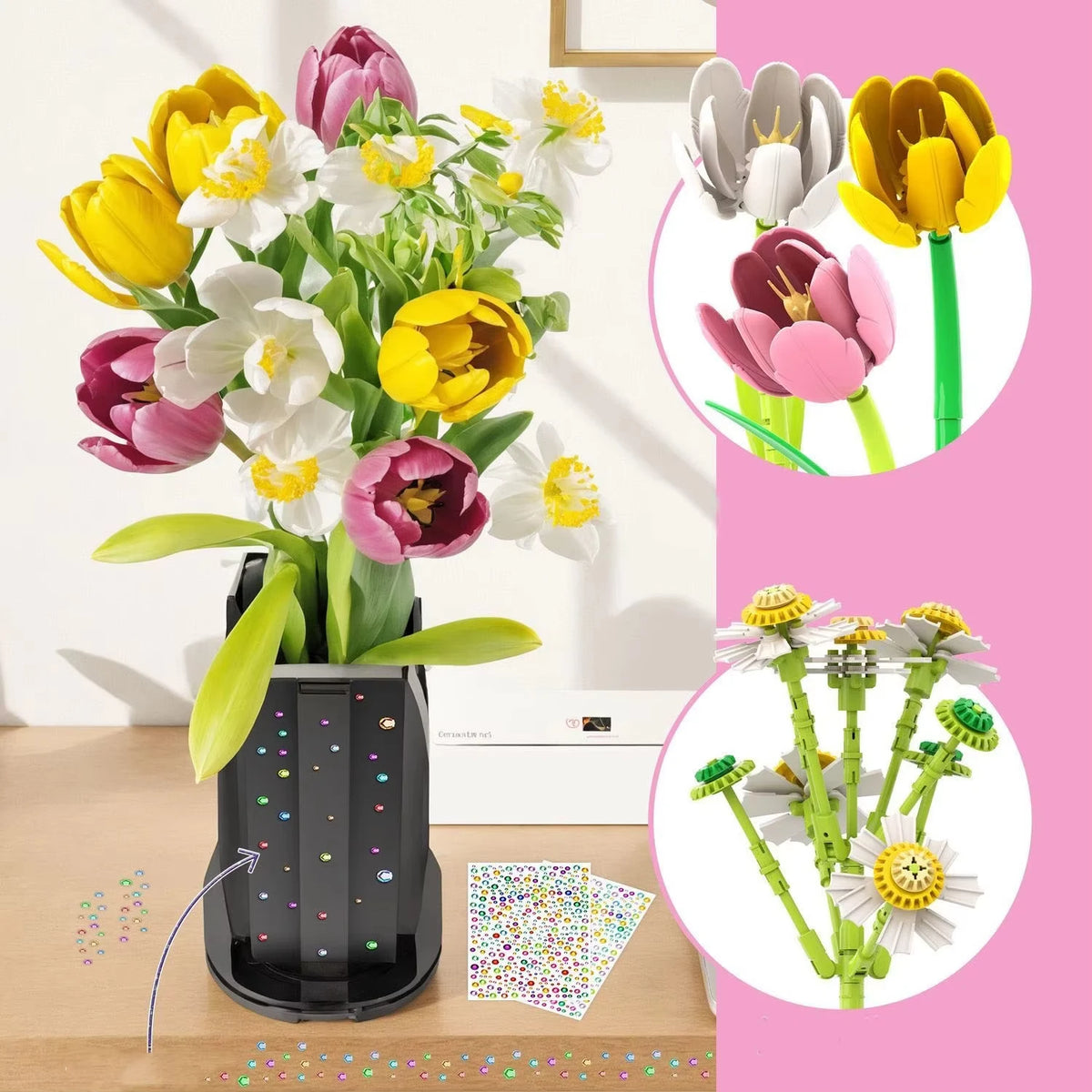 1250PCS Tulip Bouquet Building Blocks Flower Eternal Flower Vase Model Bricks Home Decoration DIY Toys Girls Romantic Gifts