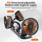 Adjustable car cooling fan 360° dual head, 2-speed, 5V USB/12V/24V cigarette plug