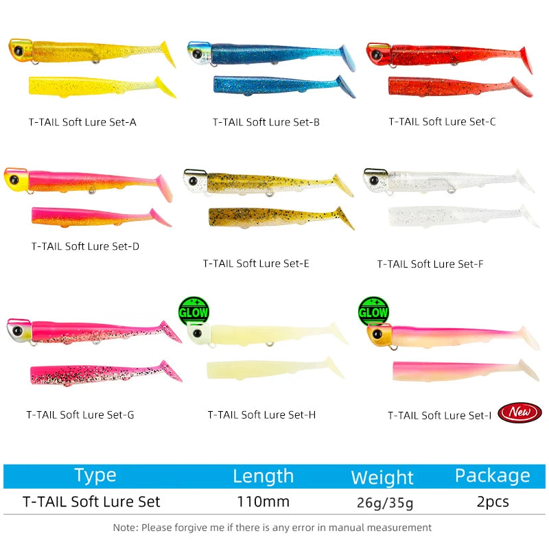 TSURINOYA T-Tail Soft Fishing Lure Set with Jig Head 110mm 35g 2pcs Saltwater