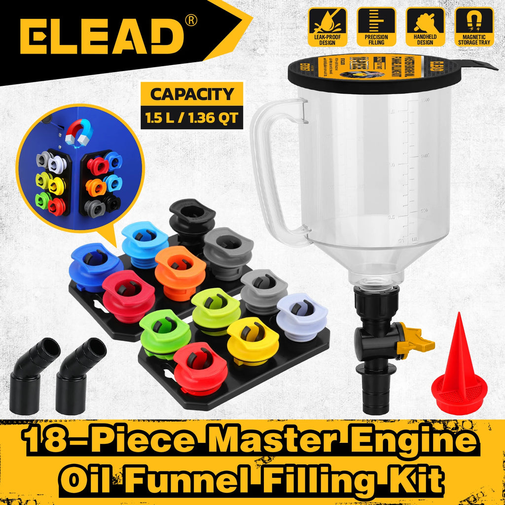 ELEAD 18Pcs Engine Oil Funnel Filling Kit, 1.36qt/1.5L Coolant Funnel Set, Funnels for Automotive Use