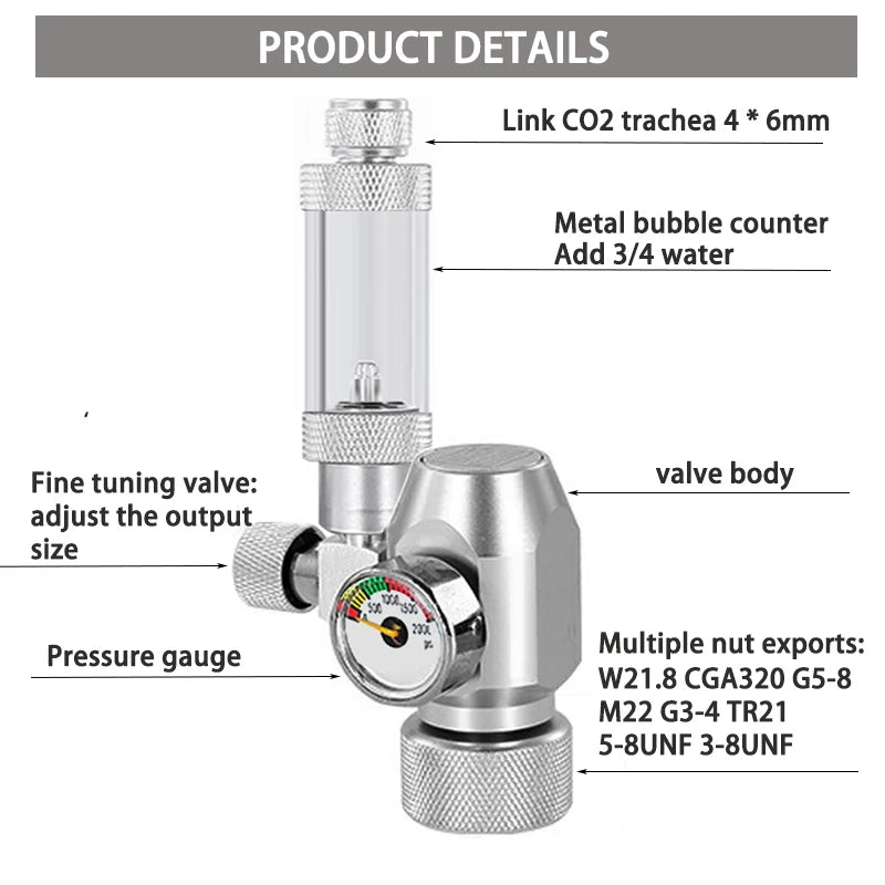 Aquarium DIYCO2 regulator W21.8/CGA320/G3-4/G5-8/TR21/3-8unf gas cylinder nut docking type fish tank CO2 pressure reducing valve