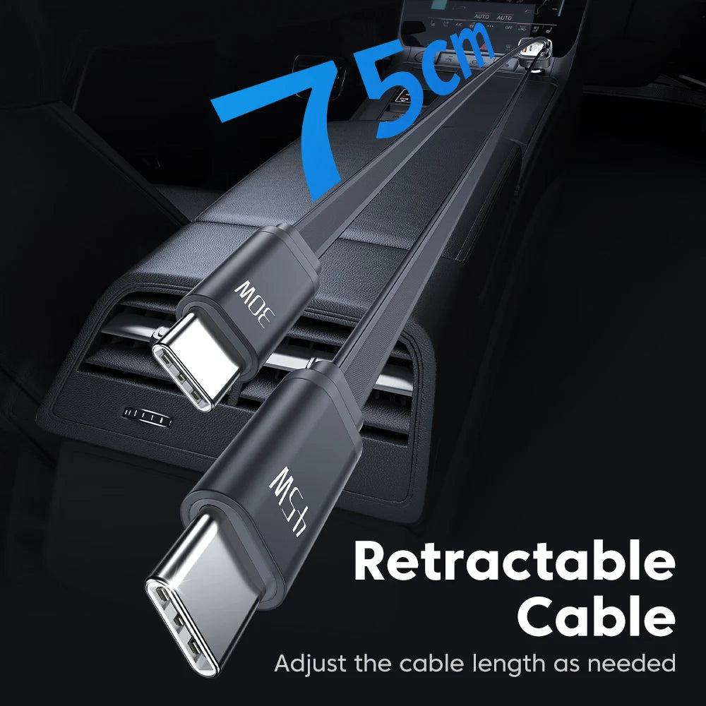 Toocki Digital Display Car Charger 105W 4 In1 Fast Charge Dual Type-C Cable With Retractable Cable For iPhone 16 15 14  Samsung