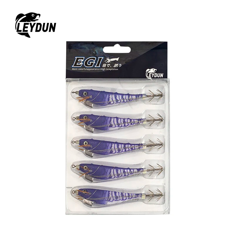 LEYDUN Luminous Squid Jig Wood Shrimp Egi Purple Deep Sea Cuttlefish Hanchi Egi 5pcs/set Fishing Lures Saltwater Baits