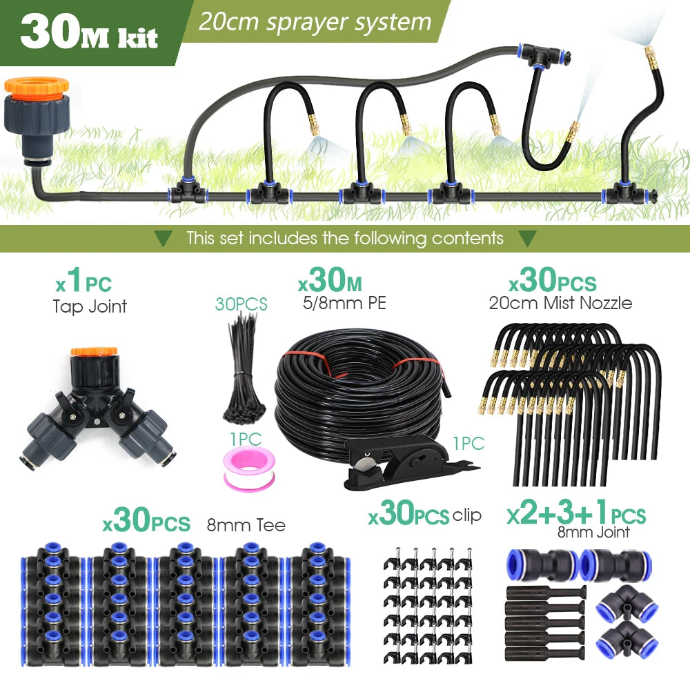 30M-5M DIY Free Bending Universal Sprayer Kit 8mm Hose Patio Misting Cooling System for Garden Plant Fogging Watering Irrigation