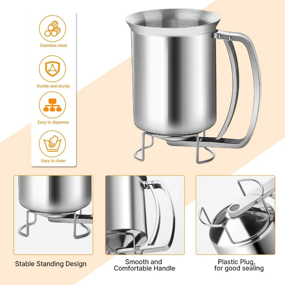 Stainless Steel Batter Dispenser 680ml Reusable Food Grade for Pancakes Waffles Cupcakes Easy Release Pourer Kitchen Tool