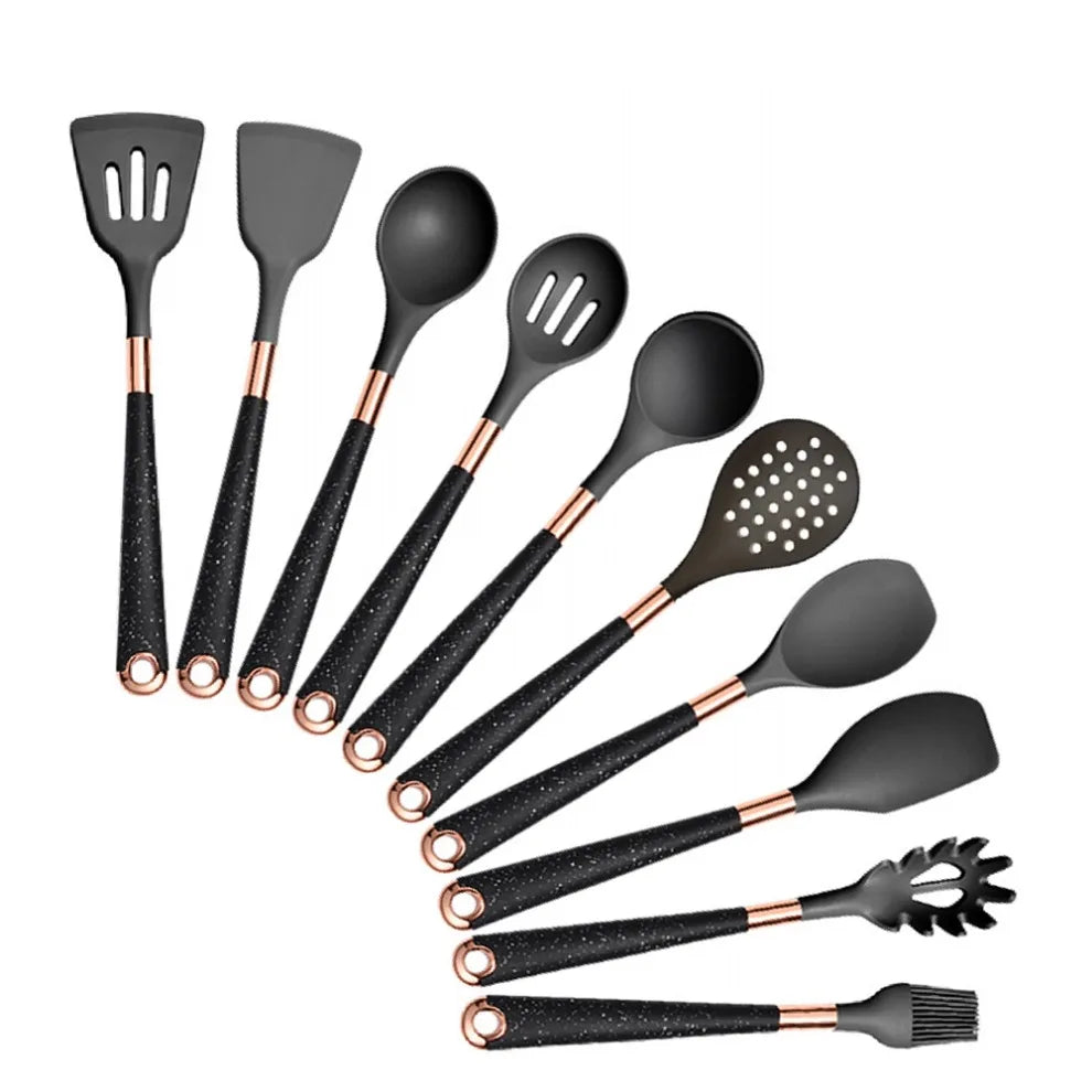 Silicone cooking utensils set with holder bucket, nonstick safe heat resistant, beige/black