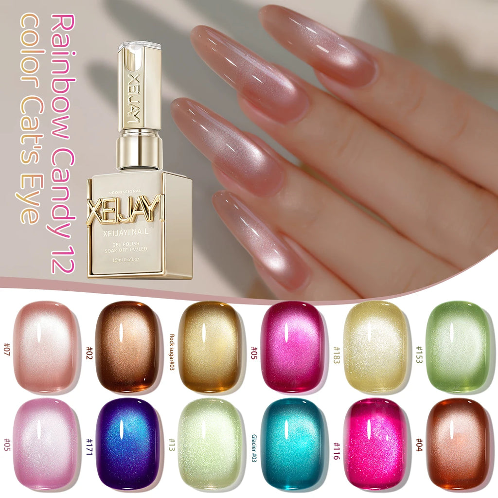 XEJAYI 12pcs 15ml Rainbow Candy Cat Eye Gel Nail Polish Set,UV LED Soaking Nail Gel, Semi-Permanent, DIY Salon Quality Nail Art