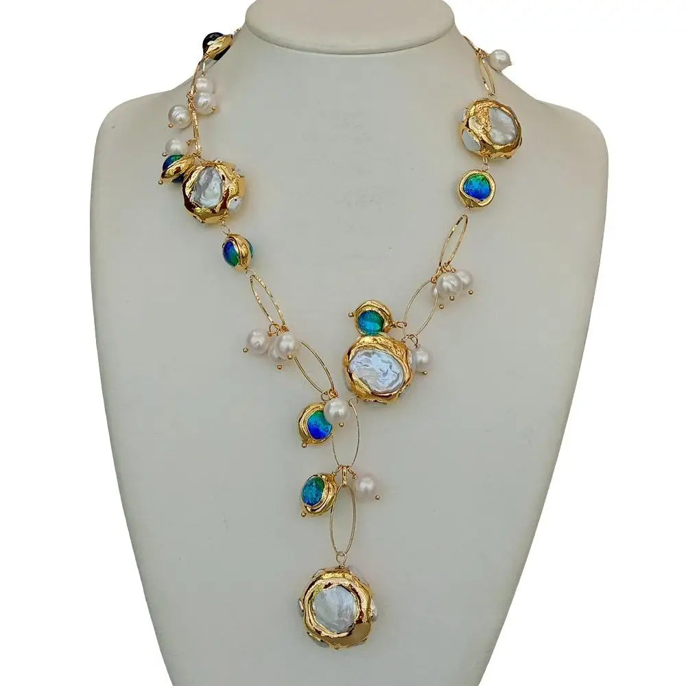 YYGEM hot sale ! Blue Murano Glass 10-11mm  Freshwater Cultured 27mm White Keshi Pearl Gold Filled Chain Necklace 21"