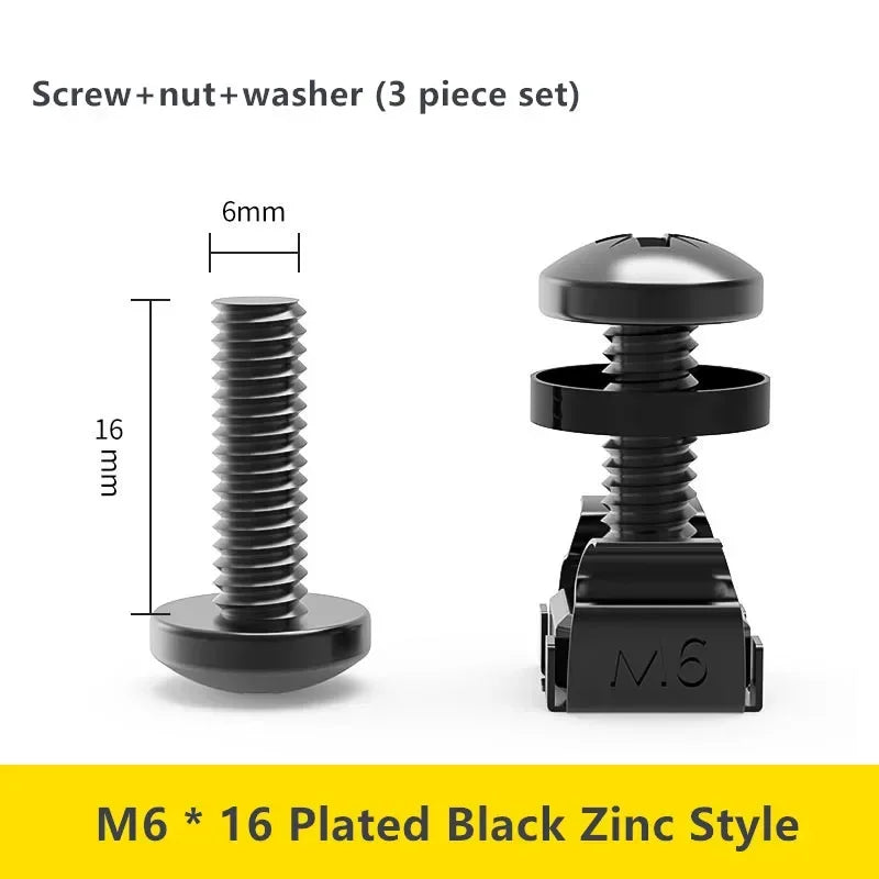 M6 rack mount cabinet screw kit with cage nuts & washers, 12mm/16mm, 20-100pcs