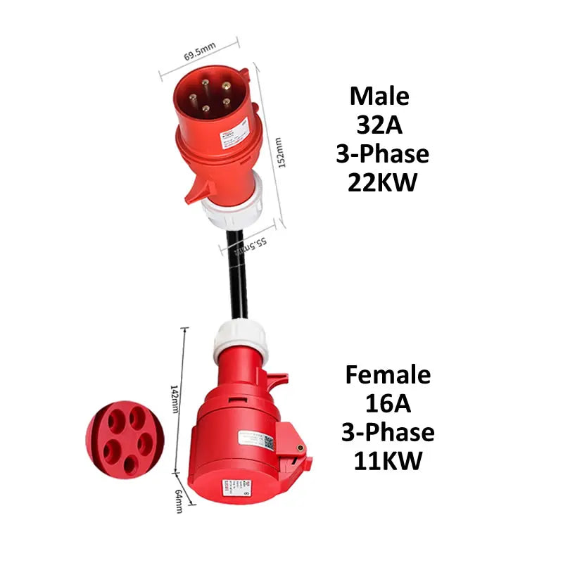 Electric vehicle charging adapter CEE Plug 16A/32A Red to Socket Blue 1-phase 32A 7KW 16A 3.5KW Red 3-Phase 16A 11KW 32A 22KW