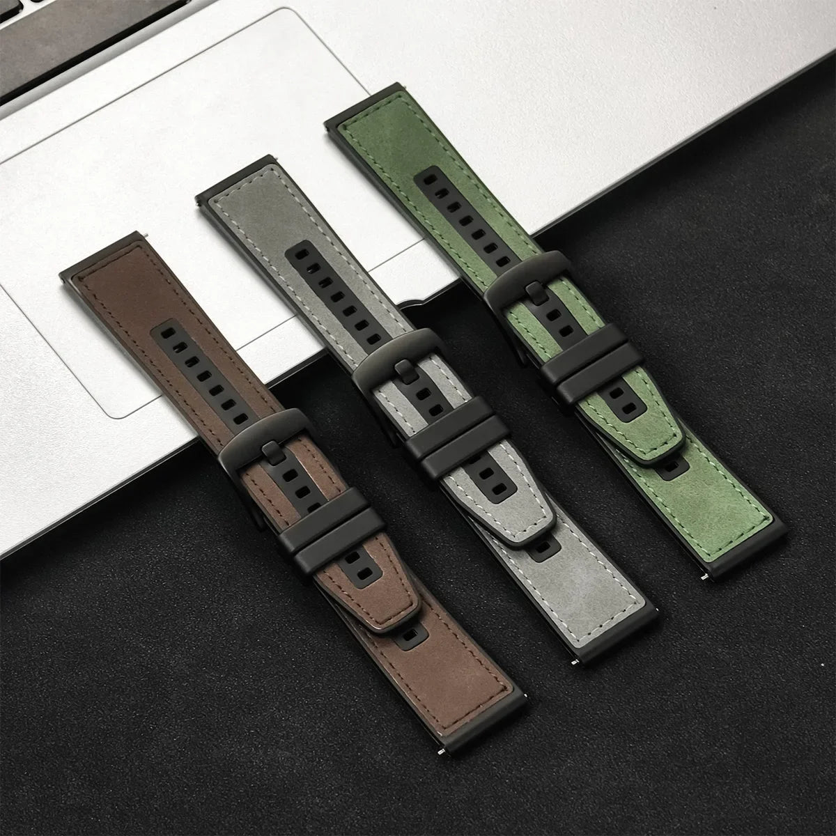 22mm Leather Silicone Watch Band Replacement Strap, Black/White, for Galaxy Watch 3 45mm