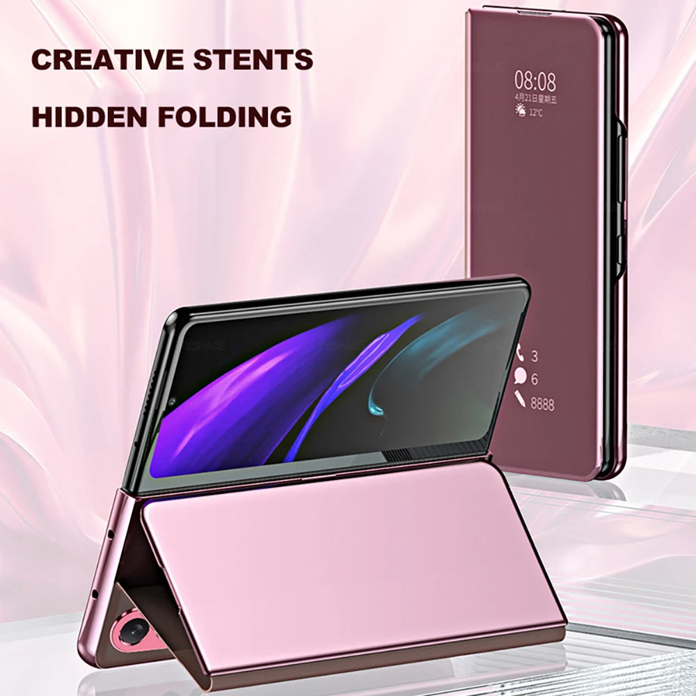 6 Colors Mirror Clear View Stand Flip Case For Samsung Galaxy Z Fold 2 3 4 5 6 7 Full Cover Folding Plathing Phone Cover