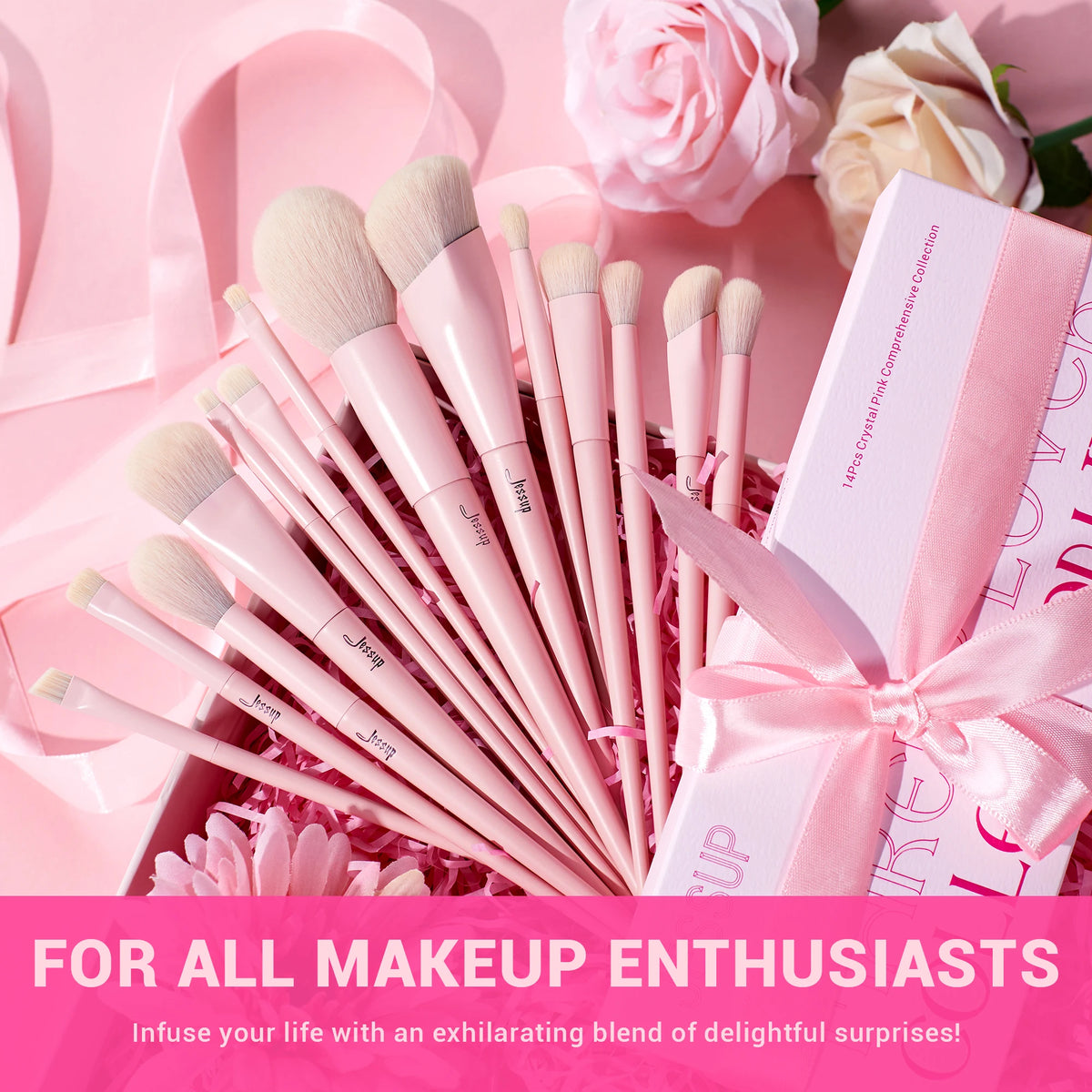 Jessup Makeup Brush Set 14pcs Pink Vegan Brushes for Foundation Blush Eyeshadow Powder