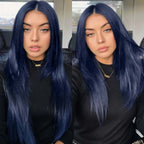 Dark Blue Synthetic Lace Front Wig 13x4 Free Part Straight 150% Density 22-26in