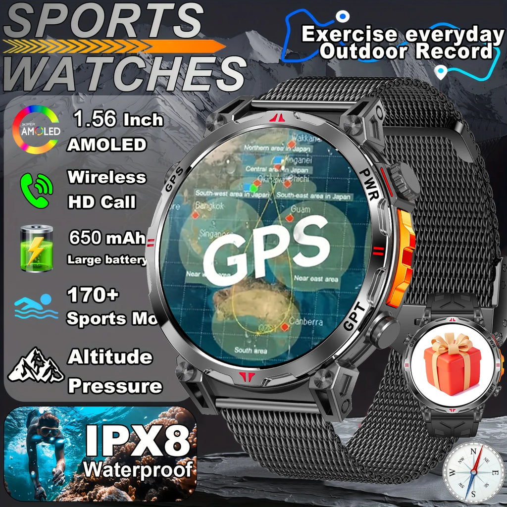 2026 New Outdoor GPS Sports Smartwatches Men Compass 5ATM Waterproof 24/7 Health Monitoring Chat GPT Bluetooth Call Smart Watch