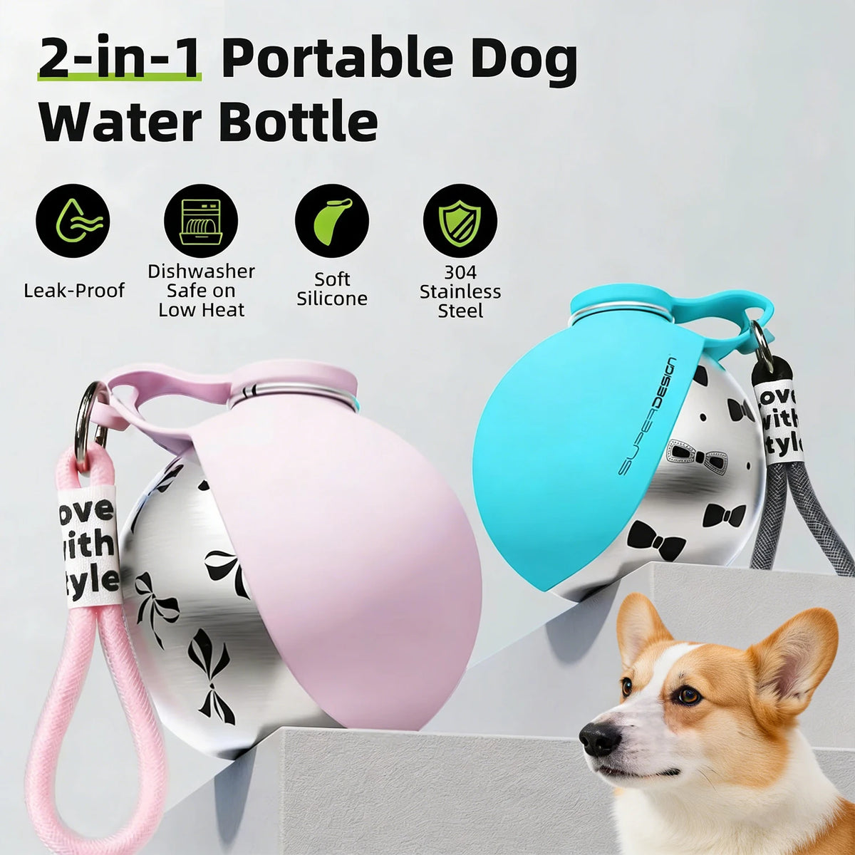 2-in-1 Portable Dog Water Bottle — Leak-proof and compact travel bottle — Stainless steel body with silicone accessories